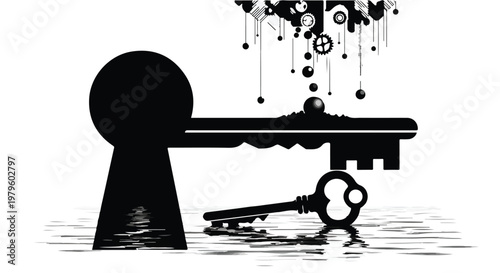 Keyhole silhouette frames a conceptual scene with floating mechanical gear elements.