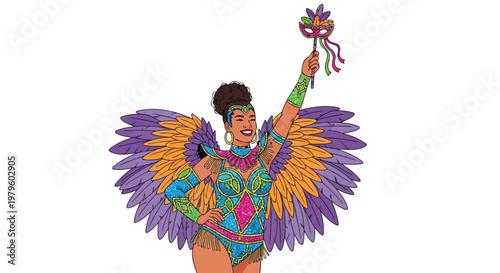 Brazilian carnival dancer with vibrant feathered wings holding mask isolated on white background