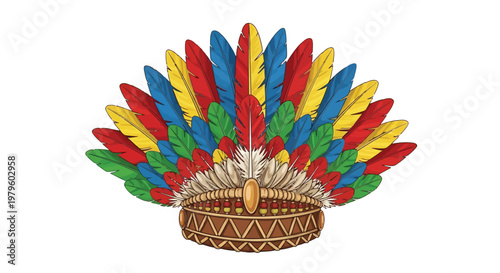Traditional indigenous feathered headdress on wooden display stand isolated on white background