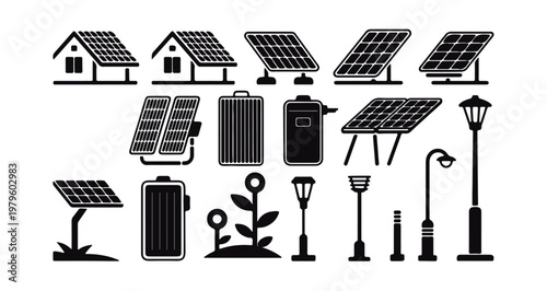 Outdoor solar lighting and residential panel silhouette set for landscape architectural use.