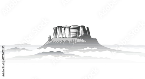 Stunning mountain peak rising above thick clouds in black and white isolated on white background