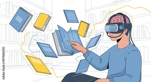 Immersive learning with virtual reality headset and floating books in a digital library