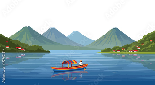 Fisherman rowing wooden boat on lake with mountains in background isolated on white background