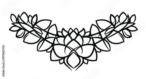 Floral pattern features symmetrical stylized leaves arranged in a decorative arc.
