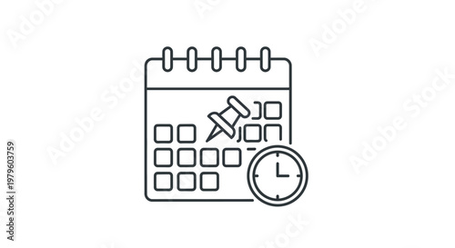 Calendar with Pin and Clock Icon: Planning, Scheduling, Deadline Concept