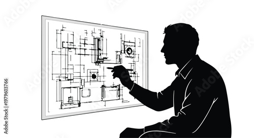 Architect examines a complex building blueprint on a glowing digital display board.