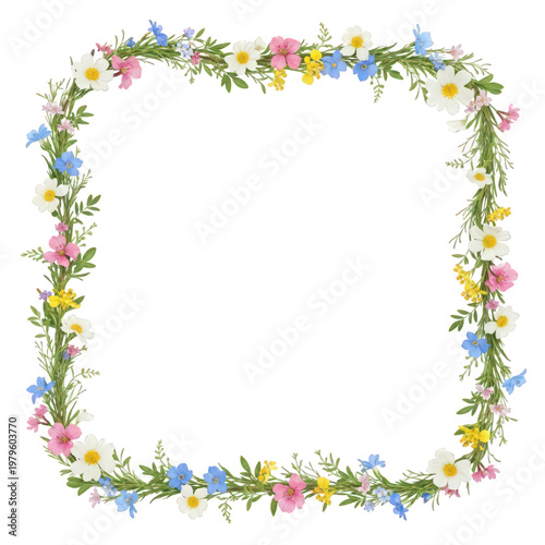 Floral wreath circle with wildflowers and greenery isolated on transparent background