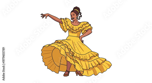 Dancer in a vibrant yellow ruffled dress performing a cultural dance isolated on white background