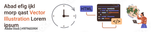 Web development, software creation, coding, productivity, project management, workflow. A clock, HTML code block and a programmer with a laptop. Web development and coding concept