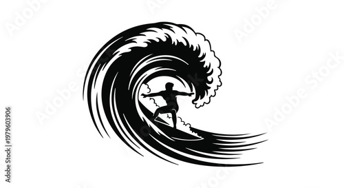 Surfer rides a massive ocean wave in this dynamic black and white illustration.
