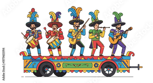 Musicians playing instruments on a colorful traditional float isolated on white background