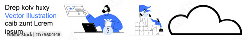 Cloud technology, finance management, data analysis, digital storage, business growth, remote work. A person with data visualization, a character with money and a cloud icon. Cloud technology