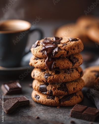 Stack of Chocolate Chip Cookies with Coffee Background
