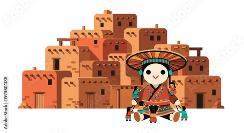 Family sitting in front of traditional adobe pueblo village dwellings isolated on white background