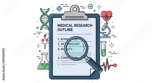 Medical Research Outline Clipboard with Magnifying Glass, DNA, Microscope, Lab Equipment