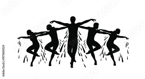 Dancers perform a synchronized routine with artistic splashes of liquid motion.