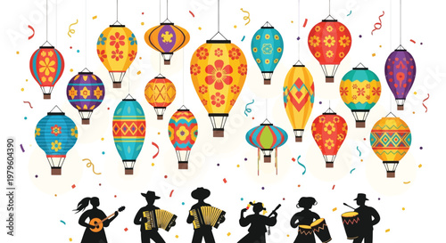 Musicians performing at a festival under colorful hanging paper lanterns isolated on white background