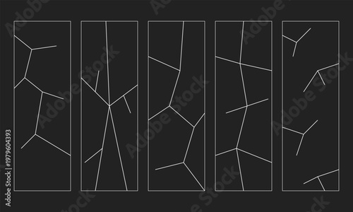 Hand-drawn abstract black and white panels depicting shattered glass and deep textured crack line illustration