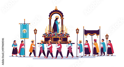 Religious procession with statue on wooden platform vector art isolated on white background