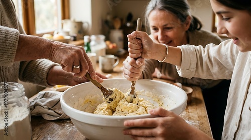 Family Baking Together in a Rustic Kitchen.