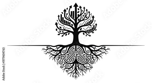 Tree with a maze of roots illustrates the complexity of business growth.