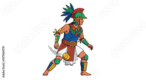 Ancient Mayan ball player in traditional warrior gear illustration isolated on white background