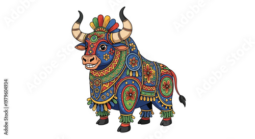 Decorative bull figurine with traditional folk art colorful patterns isolated on white background