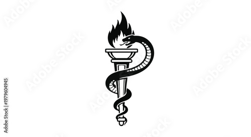 Snake winds around a flaming torch to represent ancient medical knowledge.
