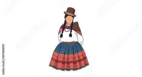Faceless woman in traditional Andean clothing with bowler hat isolated on white background