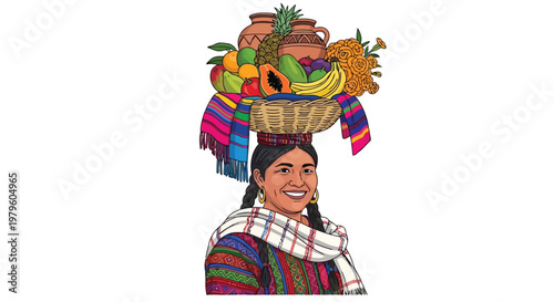 Indigenous woman carrying basket of fresh tropical fruits on her head isolated on white background