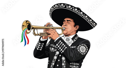 Mariachi musician playing trumpet in traditional charro suit vector art isolated on white background