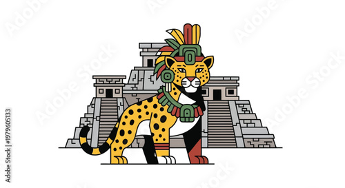 Mayan jaguar warrior wearing traditional headdress near temple vector isolated on white background