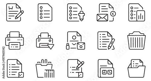 Thin line office document icons representing editing forms printing tasks and data organization for business.