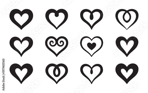 Set of twelve vector heart icons, hand drawn heart symbols with different styles on transparent background.