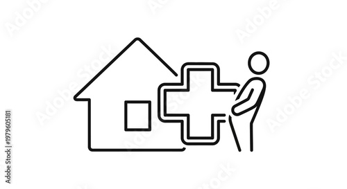 Medical Care Home Icon: Person Holding Plus Sign Next to House Outline