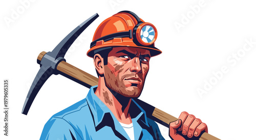 Coal miner holding pickaxe wearing safety helmet in portrait style isolated on white background