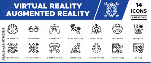 Virtual Reality and Augmented Reality Line Icons. Modern VR and AR Technology Symbols, Gaming, and Metaverse Concepts. 14 Black and White Vector Icons for Digital Design.