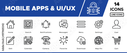 Mobile Apps & UI/UX Line Icons, a collection of 14 essential vector symbols for user interface design. Modern black and white app icons for web development, digital products