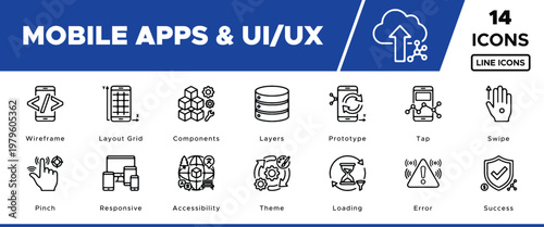 Mobile Apps and UI/UX Vector Icons Set. 14 line icons for app development, user interface design, and web prototyping. Modern black and white UI/UX elements for digital projects.