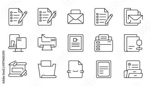 Minimalist thin line icons for business administration paperwork mail processing and printing service workflow.