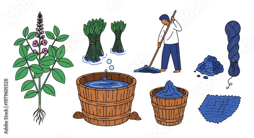 Indigo plant processing set with wooden buckets and blue yarn skein isolated on white background