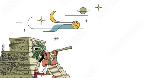 Ancient Mayan astronomer observing celestial bodies from temple rooftop isolated on white background