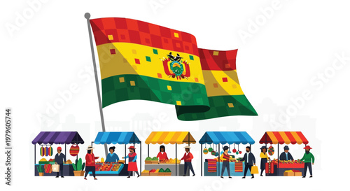 Large national flag of Bolivia waving over a busy local outdoor market isolated on white background