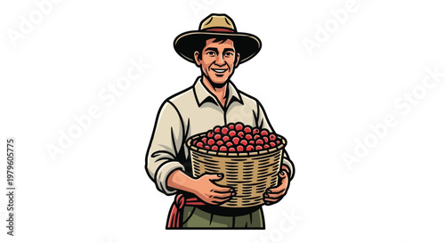Happy coffee farmer holding large basket full of freshly picked berries isolated on white background