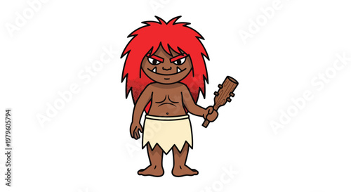 Cartoon caveman with wild red hair holding a wooden club weapon isolated on white background