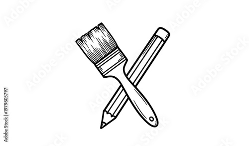 Hand drawn paintbrush and pencil sketch doodle vector icon creative art tools isolated on white
