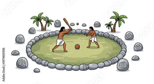 Ancient mesoamerican ball game in stone arena vector illustration isolated on white background