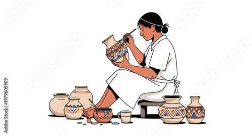 Woman artist painting traditional patterns on clay pottery in workshop isolated on white background