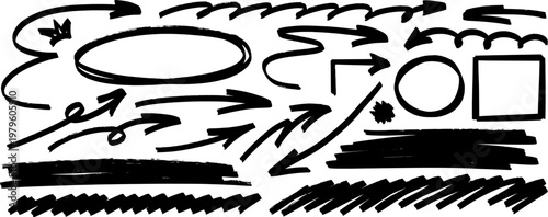 Playful sketch with highlight and marker strokes, arrow shapes the line and underline builds a soft shape with pen.