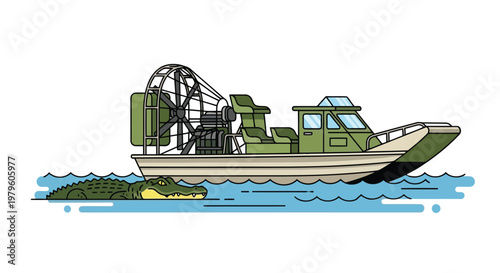 Airboat navigating through marshland with alligator in shallow water isolated on white background